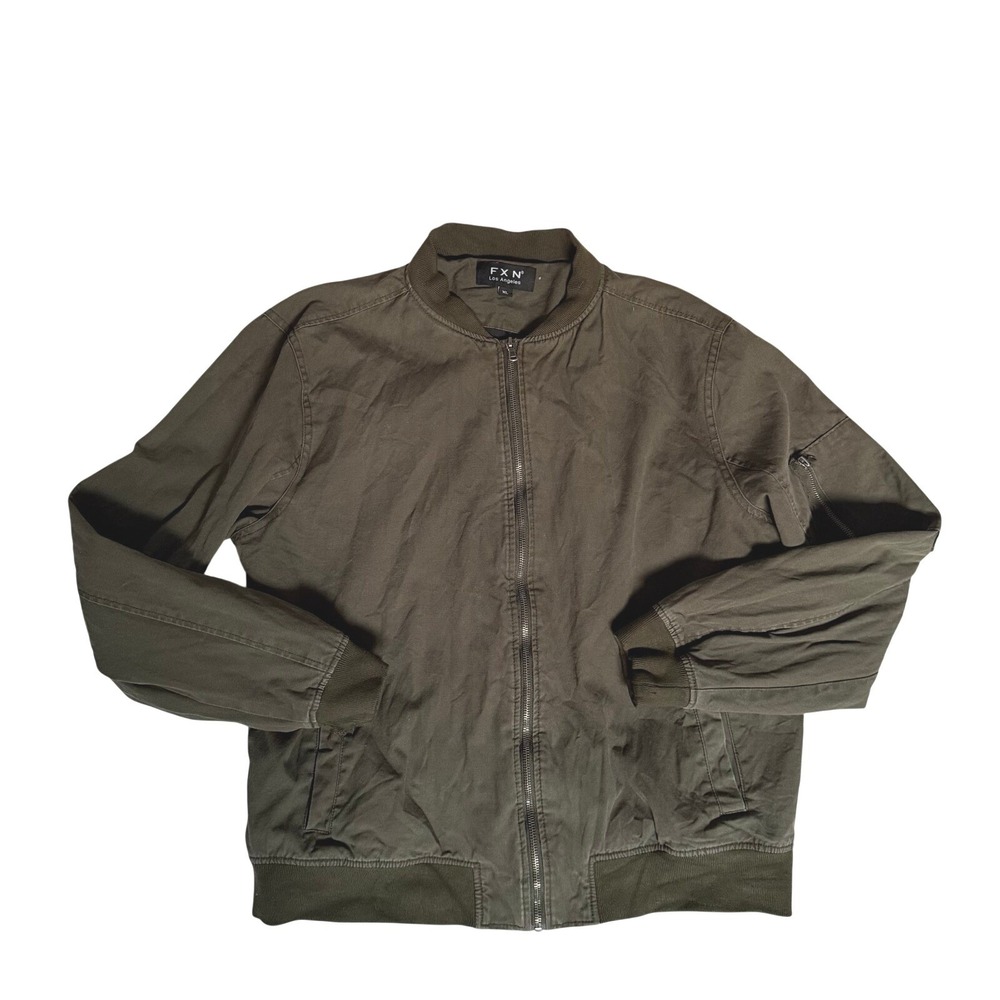 FXN Los Angeles Mens Olive Green Cotton Canvas Bomber Utility Jacket XL Full Zip